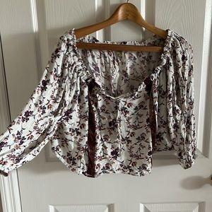 True Craft White Cropped Off The Shoulder Top With Red Flowers & Velvet Stripes